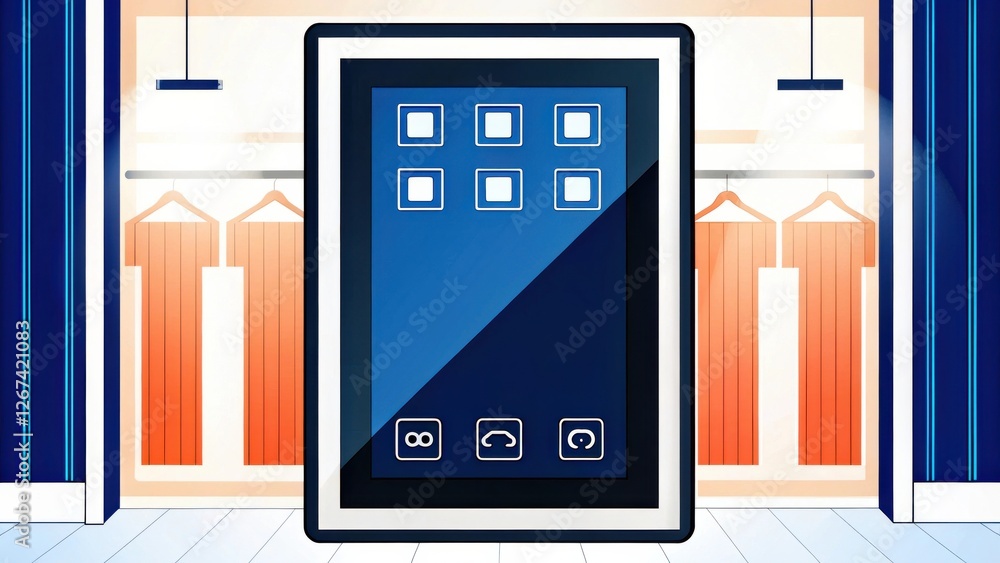 Poster A digital control panel with buttons, set against a backdrop of curtains, suggests a modern interactive display in a stylish environment.