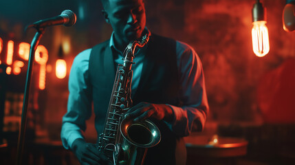 Fototapeta premium Jazz musician in a dimly lit lounge, standing near a classic saxophone and vintage microphone,