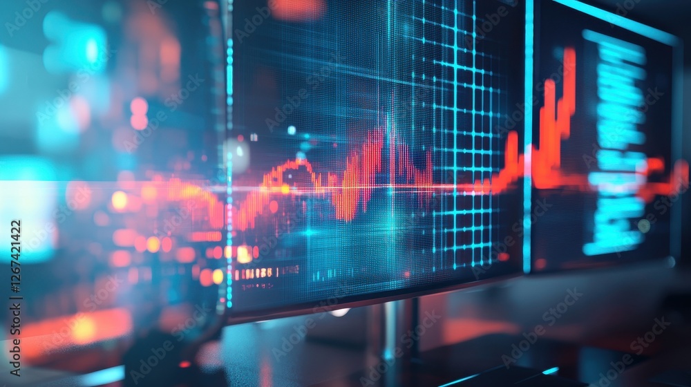 Poster close up of workspace with computer monitor and abstract glowing business chart on blurry grid backg