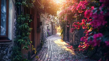 Obraz premium Charming sunlit cobblestone alley lined with colorful flowers, rustic shutters, and warm golden light creating a serene and picturesque atmosphere.