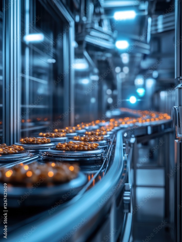 Poster a futuristic conveyor belt in a high-tech factory, ai-driven systems performing rapid visual and sen