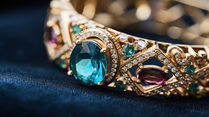 Exquisite gold bracelet adorned with precious gemstones on dark blue fabric