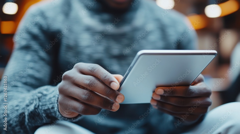 Poster selective focus. close up of black man's hands holding digital tablet with reflective touchscreen su