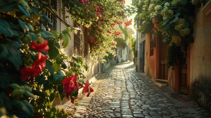 Charming sunlit cobblestone alley lined with colorful flowers, rustic shutters, and warm golden light creating a serene and picturesque atmosphere.