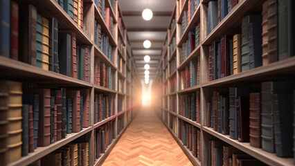 Old books on bookshelves in a vintage library.
