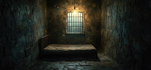 Obraz premium Prison cell, barred window, single bed, dark stone walls. Crime scene concept
