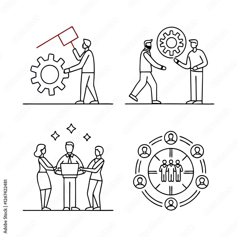 Poster teamwork and community line icons collection. thin outline icons pack. ui icon collection. set of li
