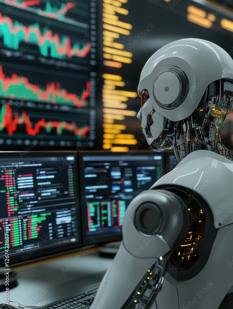 Poster a humanoid robot analyzing stock charts on multiple computer screens in a modern trading room with s