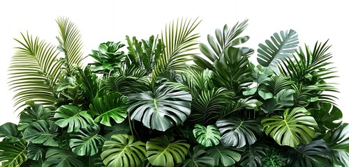 High resolution botanical nature background with lush green monstera palm and tropical leaves in a dense jungle foliage composition for eco friendly design and interior decoration