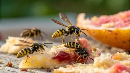Wasps Feasting on Fruit: A close-up view of a group of yellow and black striped wasps clustered on a piece of fruit, their wings buzzing as they devour the sweet, juicy treat.