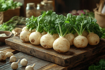 Rustic Still Life of Fresh Turnips on Wooden Cutting Board Display