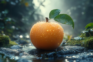 Glistening orchard fruit resting gently on river stones' edge