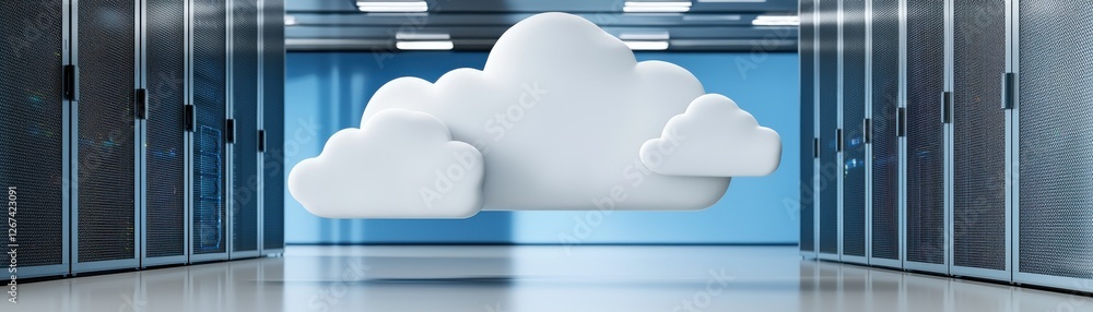 Poster floating cloud in modern data center illustration symbolizing cloud computing concept and digital so