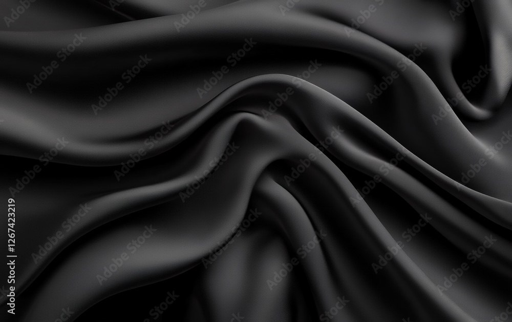 Poster matte black fabric with elegant soft folds and flowing silky drapes creating a sophisticated minimal