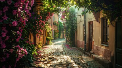 Obraz premium Charming sunlit cobblestone alley lined with colorful flowers, rustic shutters, and warm golden light creating a serene and picturesque atmosphere.
