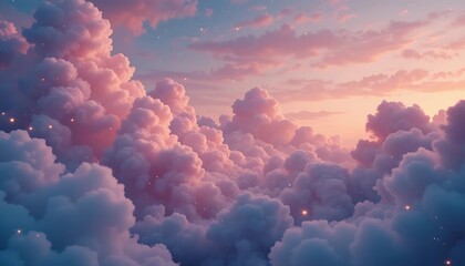 A whimsica pastel rainbow unicorn background shines with sparkling stars against a soft, pink fantasy sky. Fairy iridescent gradient backdrop. unicorn resting on a fluffy cloud with a vibrant rainbow.