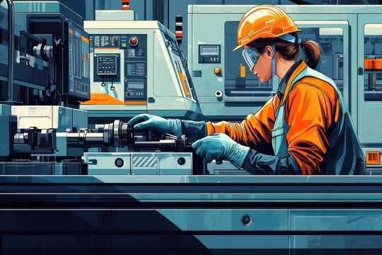 A meticulous female engineer in safety goggles and hard hat adjusts a precision machine, showcasing expertise and dedication to quality in the manufacturing process.