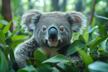 Koala's inquisitive gaze amidst lush eucalyptus foliage in the Australian wilds