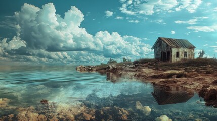 Weathered Coastal House Reflected in Calm Teal Water Under Dramatic Sky