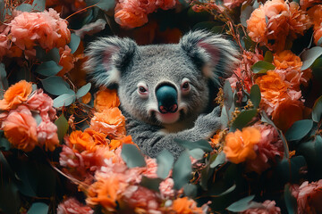 Koala's Floral Embrace, A Sweet Portrait Among Rosy Blooms