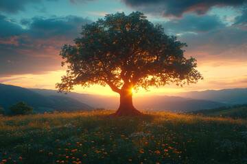 Lone Sentinel, An Ancient Tree Bathed in the Glow of a Mountain Sunrise
