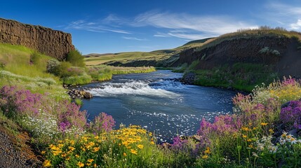 A wide river in the Pacific Northwest wilderness, with rapids and rocky banks, surrounded by lush green forests under a blue sky