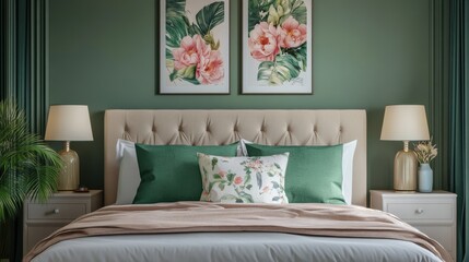 Pink and green pillows on bed with beige bedhead and lamps in modern bedroom interior with floral posters