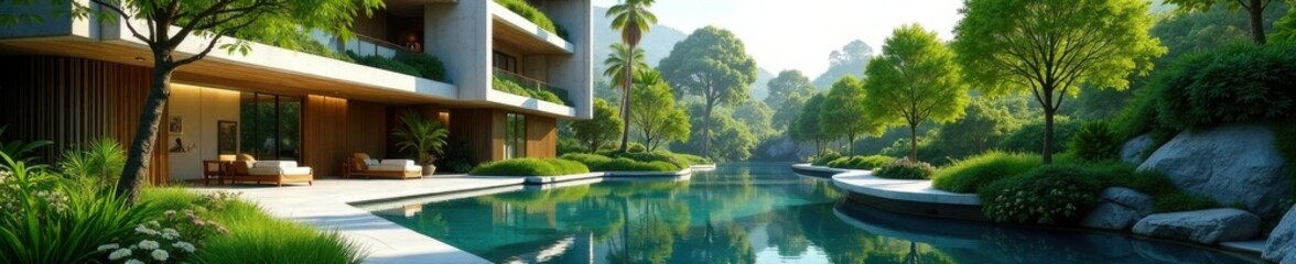 Fototapeta premium Modern office building surrounded by lush greenery and tranquil water features, architecture, office building,