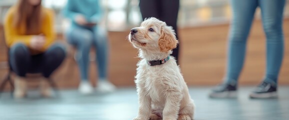 Puppy sits in class; people blur; learning