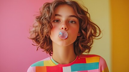 A playful teenage girl blowing bubble gum A playful teenage girl captured mid-pop blowing bubble gum Cheerful teenage girl blowing a large bubble with vibrant energy