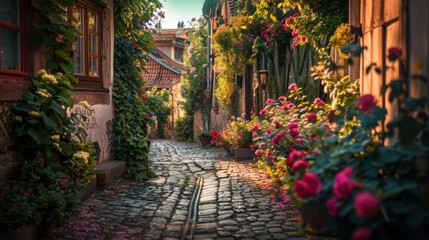Fototapeta premium Charming sunlit cobblestone alley lined with colorful flowers, rustic shutters, and warm golden light creating a serene and picturesque atmosphere.