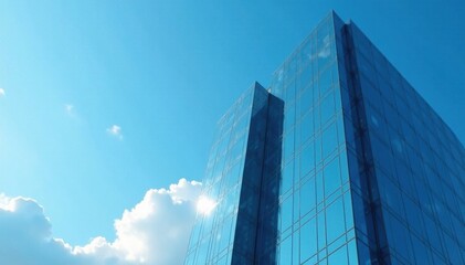 Modern office building with sleek glass facade against a clear blue sky with fluffy white clouds , clouds, urban