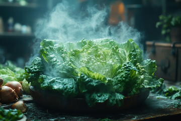 Freshly harvested cabbage with rising steam on a rustic wooden table