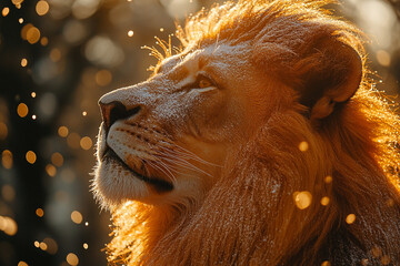 Golden mane lion gazing into the bokeh light of the dawn jungle