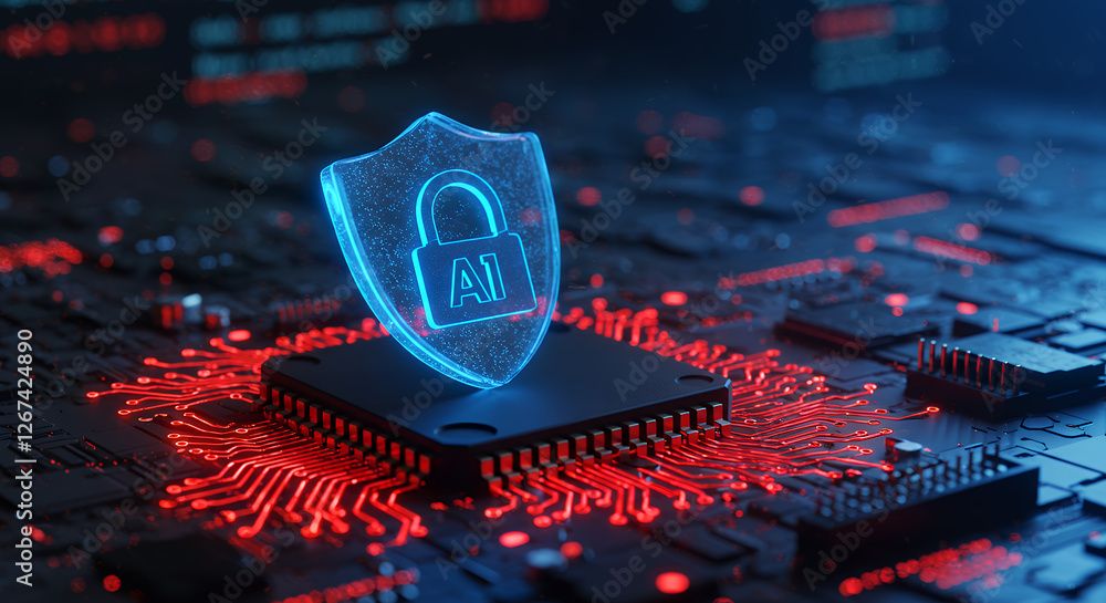 Poster ai security shield: protecting data with artificial intelligence & cybersecurity, futuristic tech, c