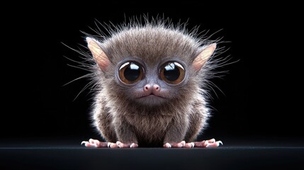 Fototapeta premium Cute fluffy tarsier with large expressive eyes sitting against a dark studio background.