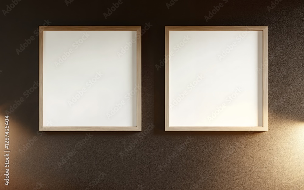Poster symmetrically placed modern minimalist white frames with wooden borders hanging on a dark textured w