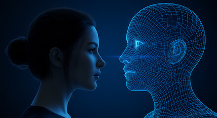Fototapeta premium Human vs. AI: A Digital Staredown ? Exploring the Intersection of Artificial Intelligence and Humanity in Stunning Blue Hues