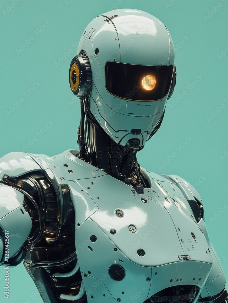 Poster humanoid robot with a retro design symbolizing the evolution of robotics and ai captured in a bright