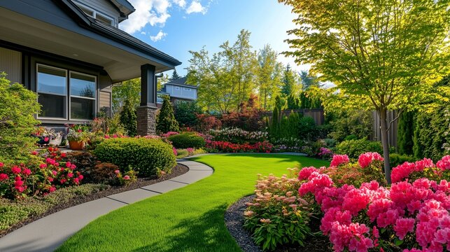 Beautiful home garden with green grass and colorful flowers in the front yard of the house, a springtime landscape design with flower beds and shrubs for a real estate photo