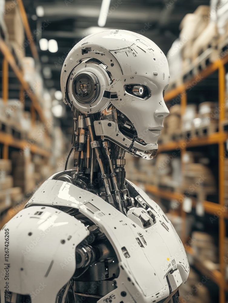 Poster humanoid or android robot working in a warehouse, concept of ai and work efficiency