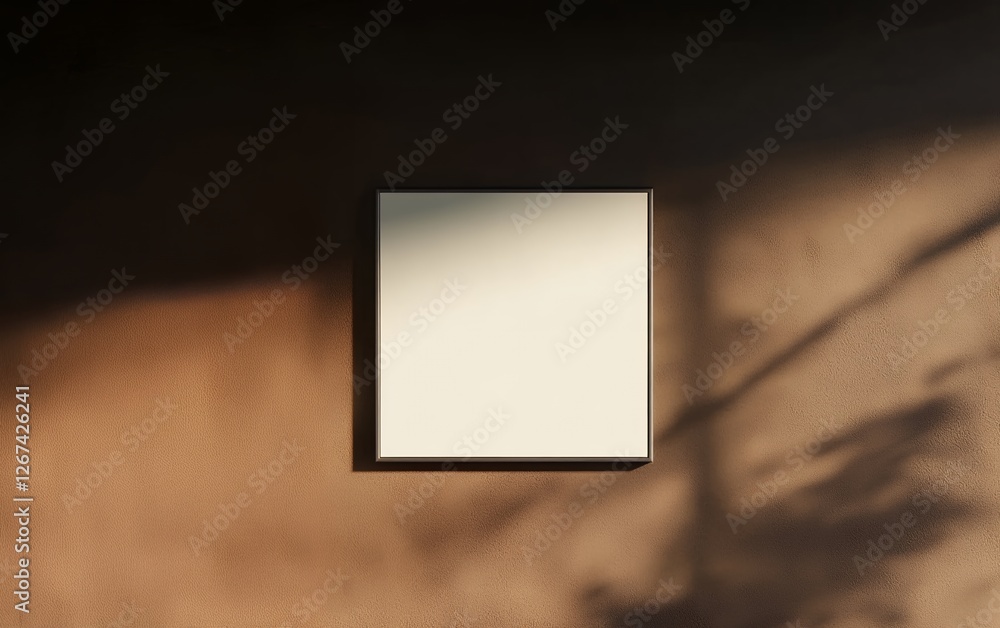 Poster large square white blank frame on warm beige wall with golden hour sunlight creating a relaxing and 