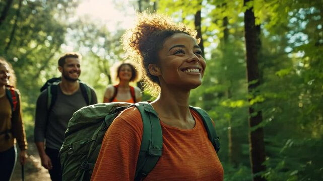 Forest Friends Hiking Adventure: A diverse group of happy friends embark on a revitalizing hike through a lush forest, sunlight dappling through the leaves.