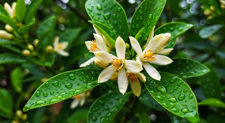 Obraz premium Raindrop-Adorned Neroli Flowers Shining in Soft Sunlight