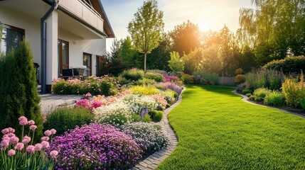 Beautiful home garden with green grass and colorful flowers in the front yard of the house, a springtime landscape design with flower beds and shrubs for a real estate photo