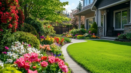 Beautiful home garden with green grass and colorful flowers in the front yard of the house, a springtime landscape design with flower beds and shrubs for a real estate photo