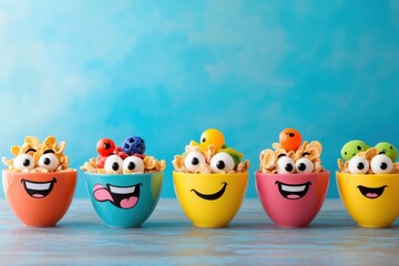 Cheerful cereal bowls filled with playful toppings create comical faces in a delightful breakfast setting