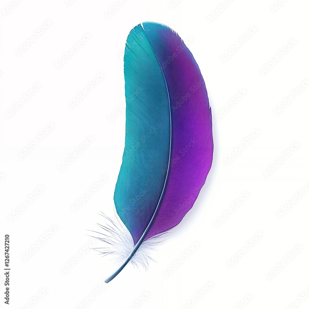 Poster artistic soft blue and purple feather with smooth and delicate texture floating on a white backgroun