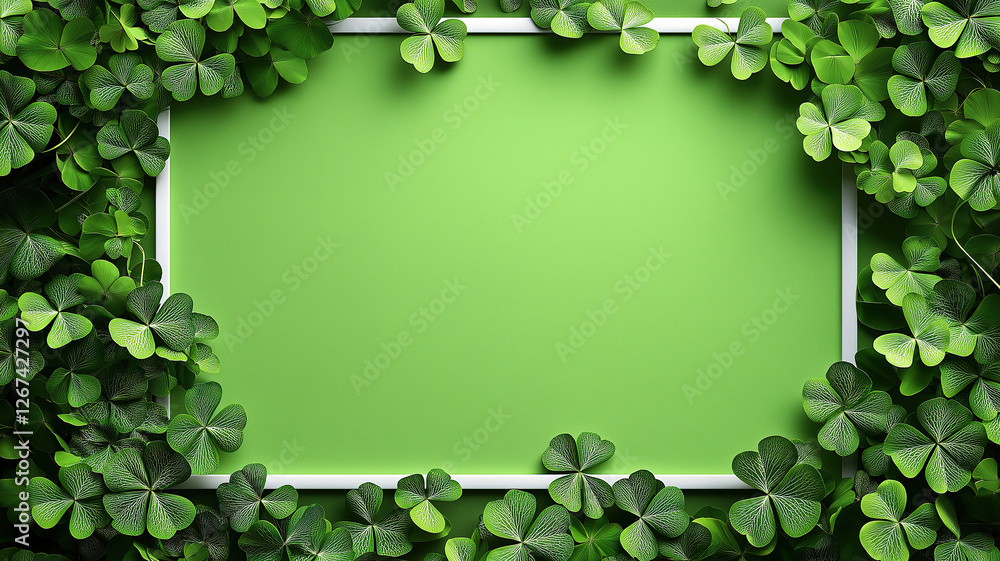 Poster Lucky St Patrick's Day card design with a rectangular frame adorned with clover leaves