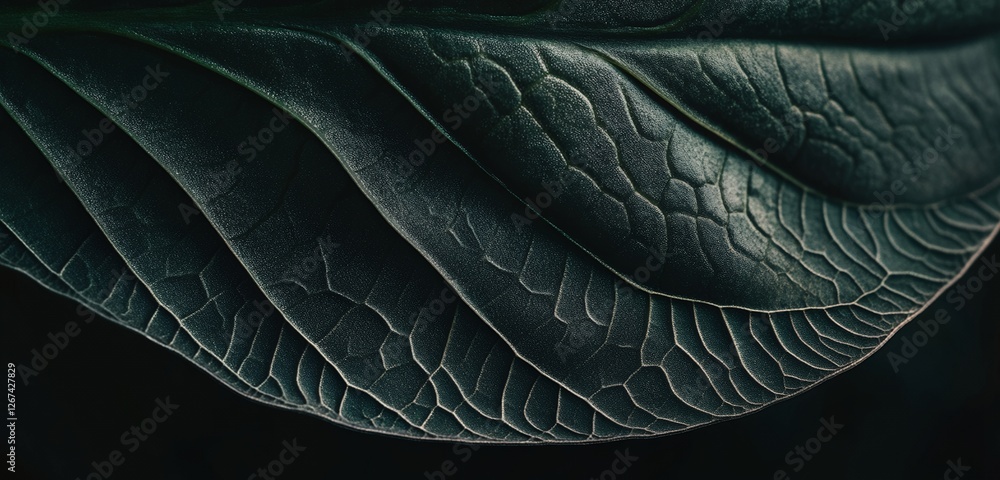 Aufkleber close-up of a dark green leaf with intricate natural patterns and delicate vein structure for minima